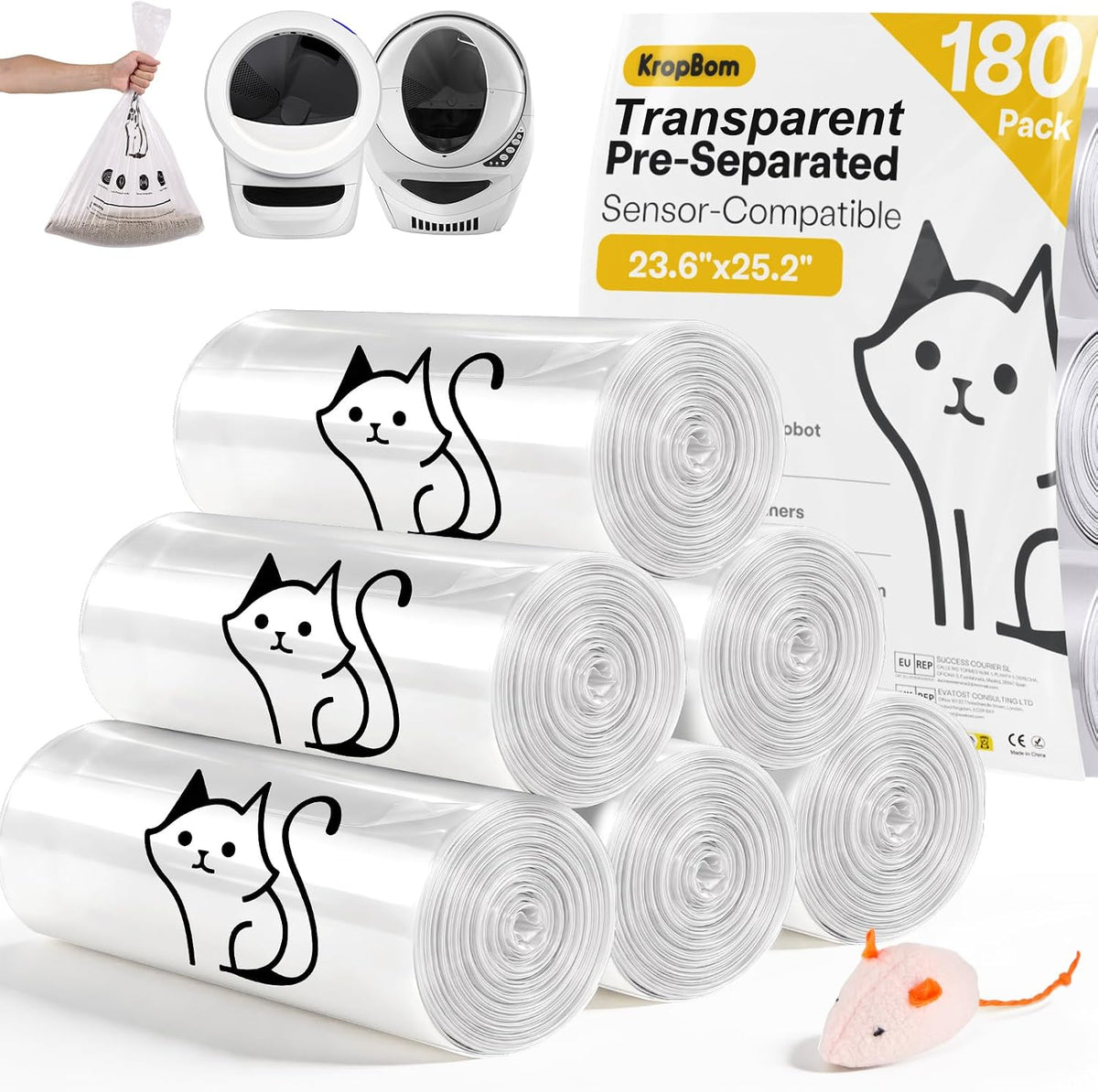 180 Pack Cat Litter Box Robot 4/5/3 Waste Bags, Transparent, Pre-Separated