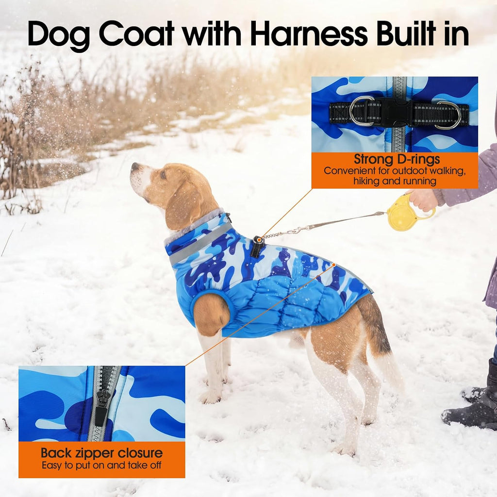 Dog Winter Coat with Harness, Waterproof Reflective Camo Jacket