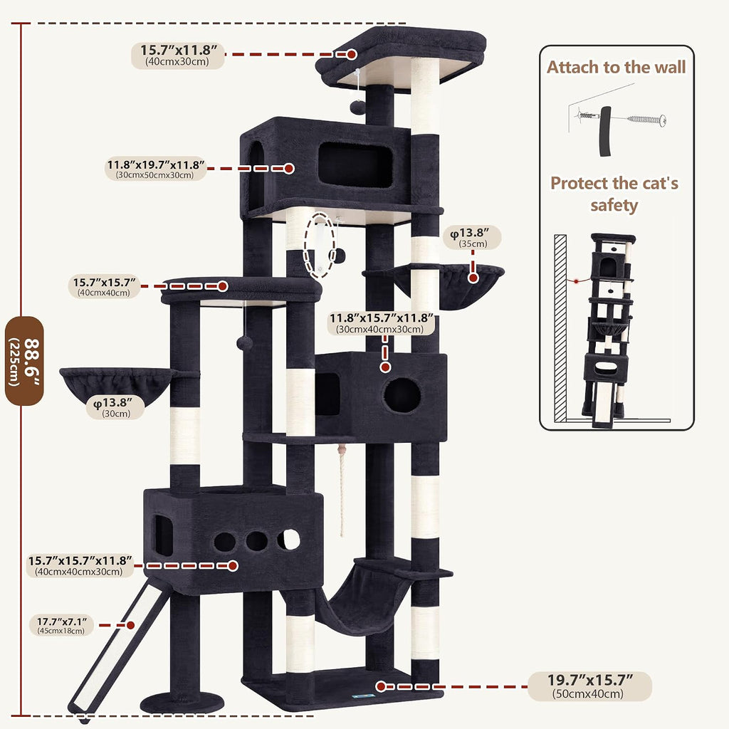 Cat Tree, 89" (225cm) Tall Cat Tower with 3 Cat Condos, GCT808G