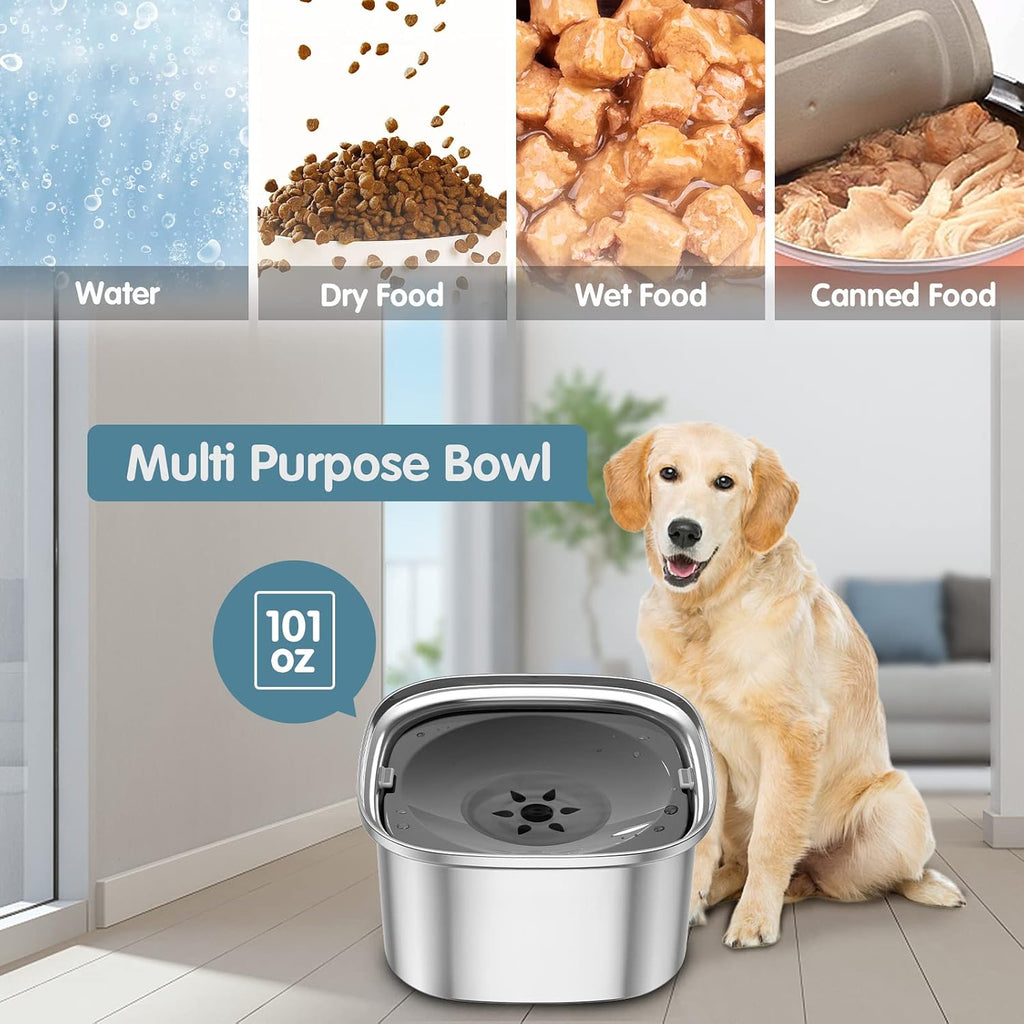 UPSKY 3L Stainless Steel Dog Water Bowl, No-Spill Slow Drinking Feeder