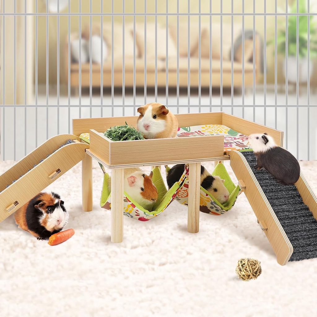 MEWTOGO Wooden Guinea Pigs Hammock with Platform
