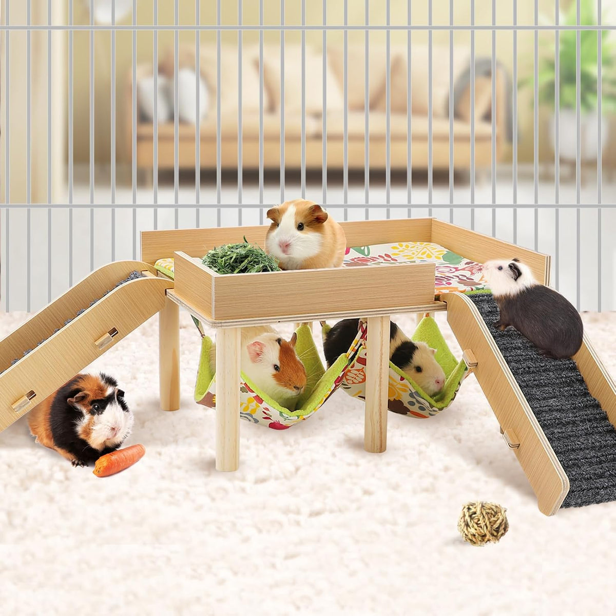 MEWTOGO Wooden Guinea Pigs Hammock with Platform