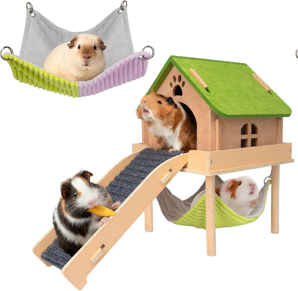 3 in 1 Enlarged Guinea Pig Hammock,Wooden Guinea Pig Hideout with House & Platform & Stairs Small Animal Toys for Hiding Sleeping Activities