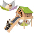 3 in 1 Enlarged Guinea Pig Hammock,Wooden Guinea Pig Hideout with House & Platform & Stairs Small Animal Toys for Hiding Sleeping Activities