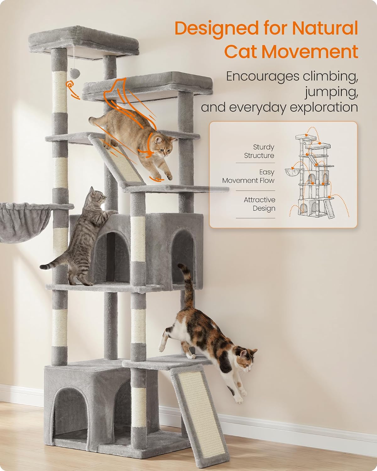 Feandrea Large Cat Tree, 72.6" Tall Sturdy Cat Tower for Indoor, Dove Gray