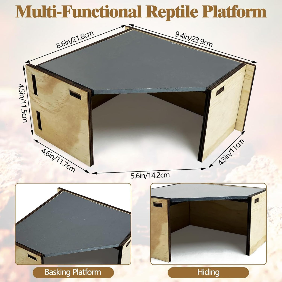 Tfwadmx Bearded Dragon Basking Platform with Hideout Wooden Lizard Hideout Reptile Slate Rocks Basking Platform with Hiding Cave Tank Accessories for Lizards Snakes Tortoise