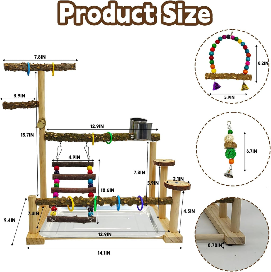 Parrot Play Stand Parakeet Playground Bird Jungle Gym Wood Conure Playstand Hanging Chewing Toys with Swings and Feeder Cups Bird Cage Accessories for Cockatiel Lovebirds Budgie