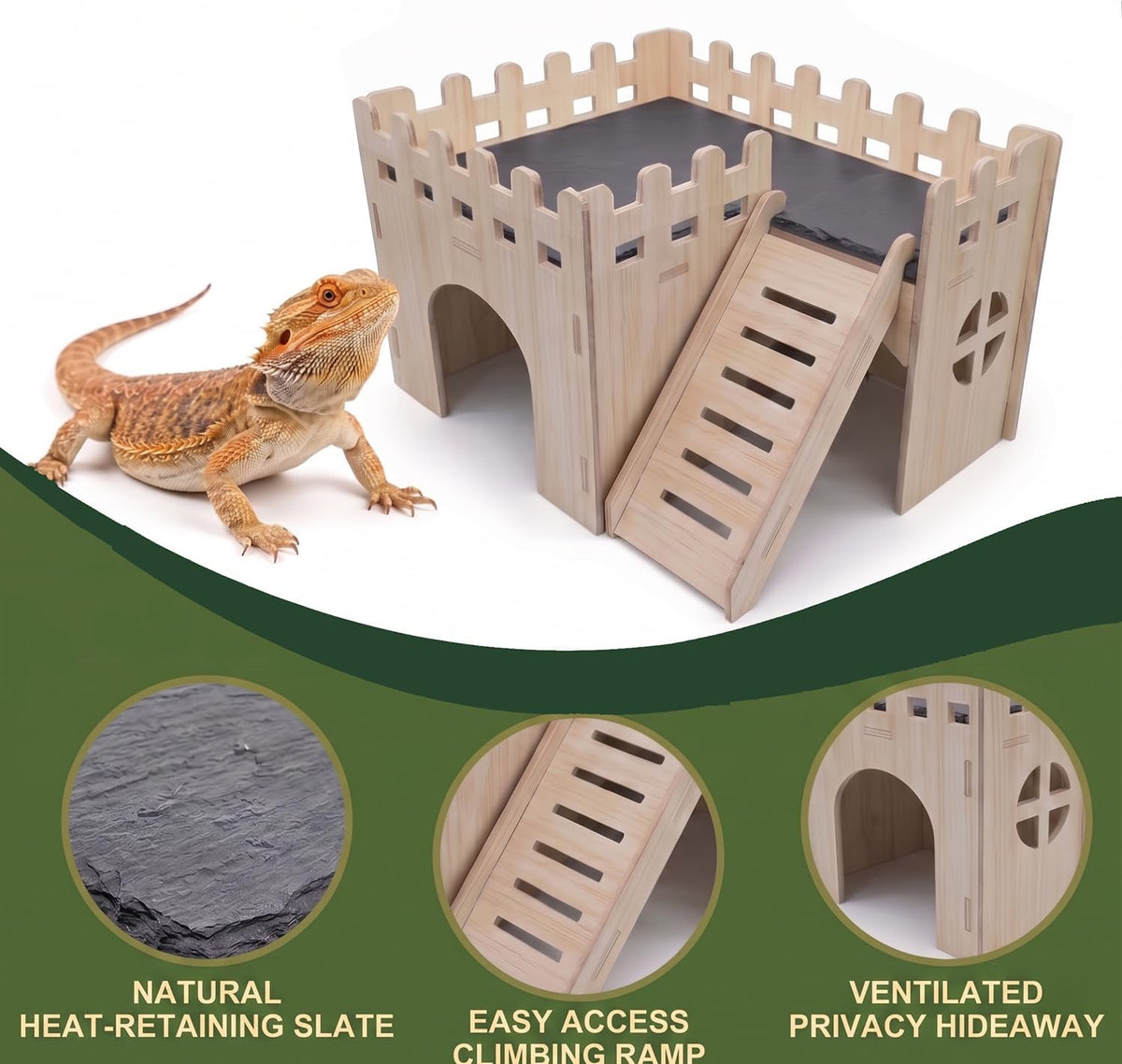 Bearded Dragon Hide Cave Basking Platform - with Climbing Ramp,Wooden Lizard Hideout Accessories Terrarium Decor, Reptile Basking Platform Accessories for Bearded Dragons, Geckos, Snakes & Turtles