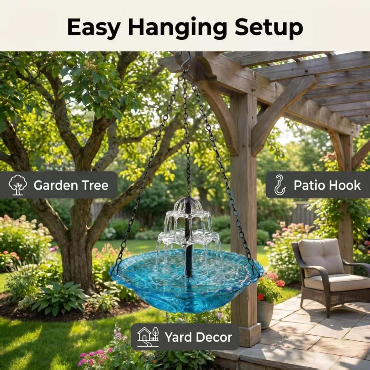 Solar Powered Hanging Bird Bath, Fountain Solar Powered Outdoor Bird Bath for Garden Patio Yard (Blue)