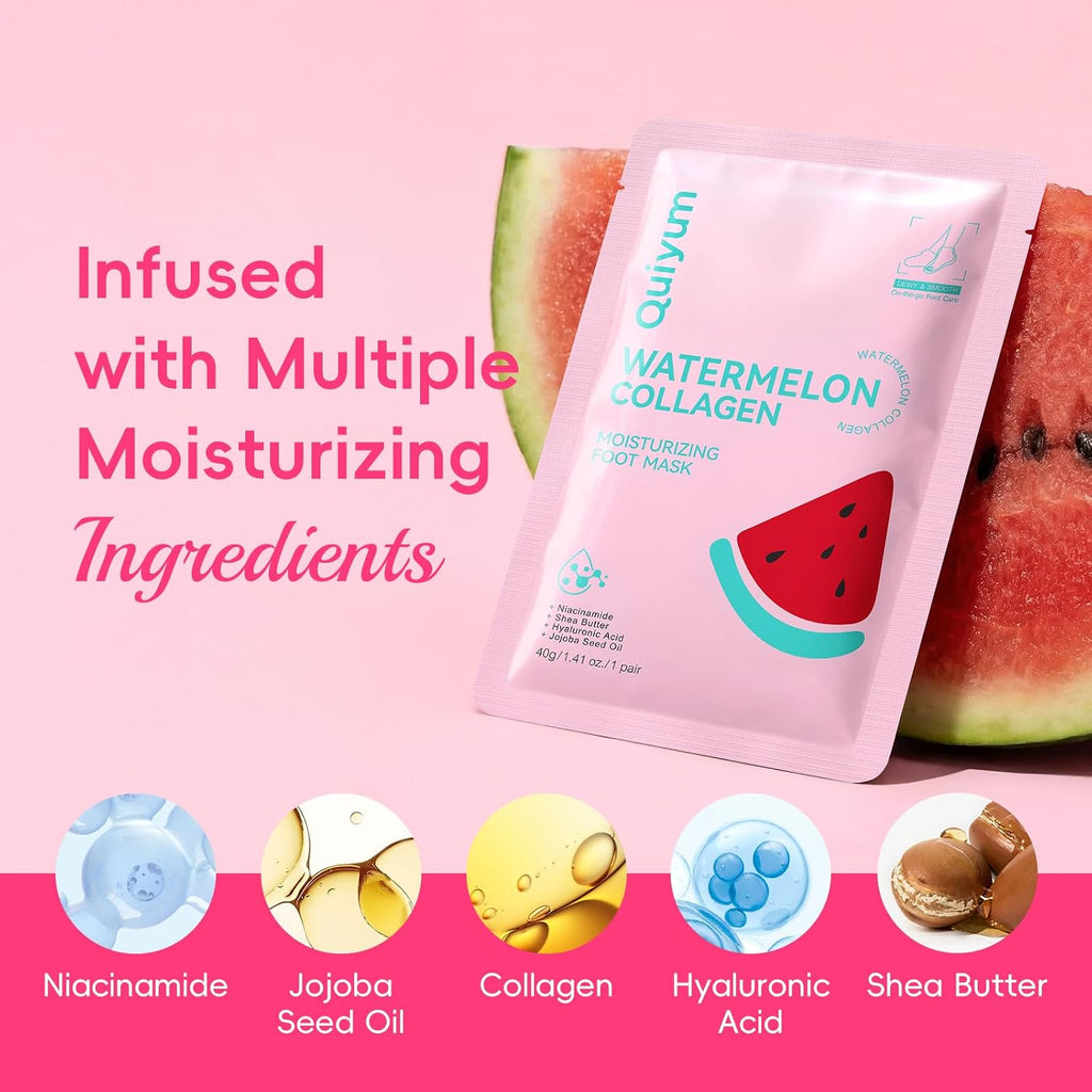 QUIYUM 6 Pairs Watermelon Foot Mask, Moisturizing Booties for Dry Skin