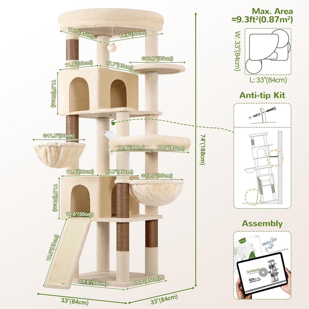 Globlazer Maine Coon Corner Cat Tree for Indoor Cats 74in, C74, Beige