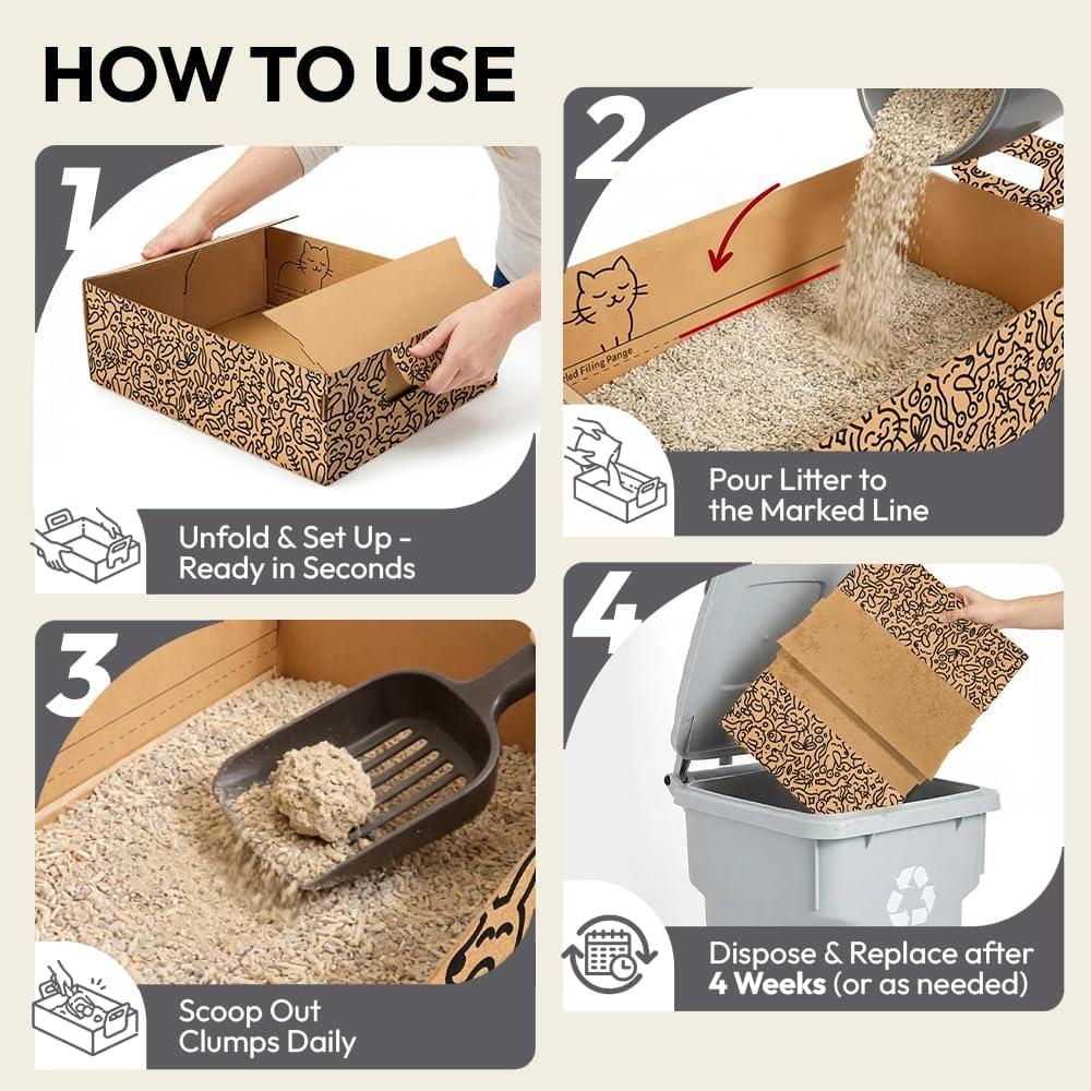 Disposable Cat Litter Box 3 Pack, Foldable Portable Travel Litter Box for Cats, Waterproof Leakproof Cardboard Kitty Litter Box for Travel, Moving, Temporary Use & No-Clean Cat Care