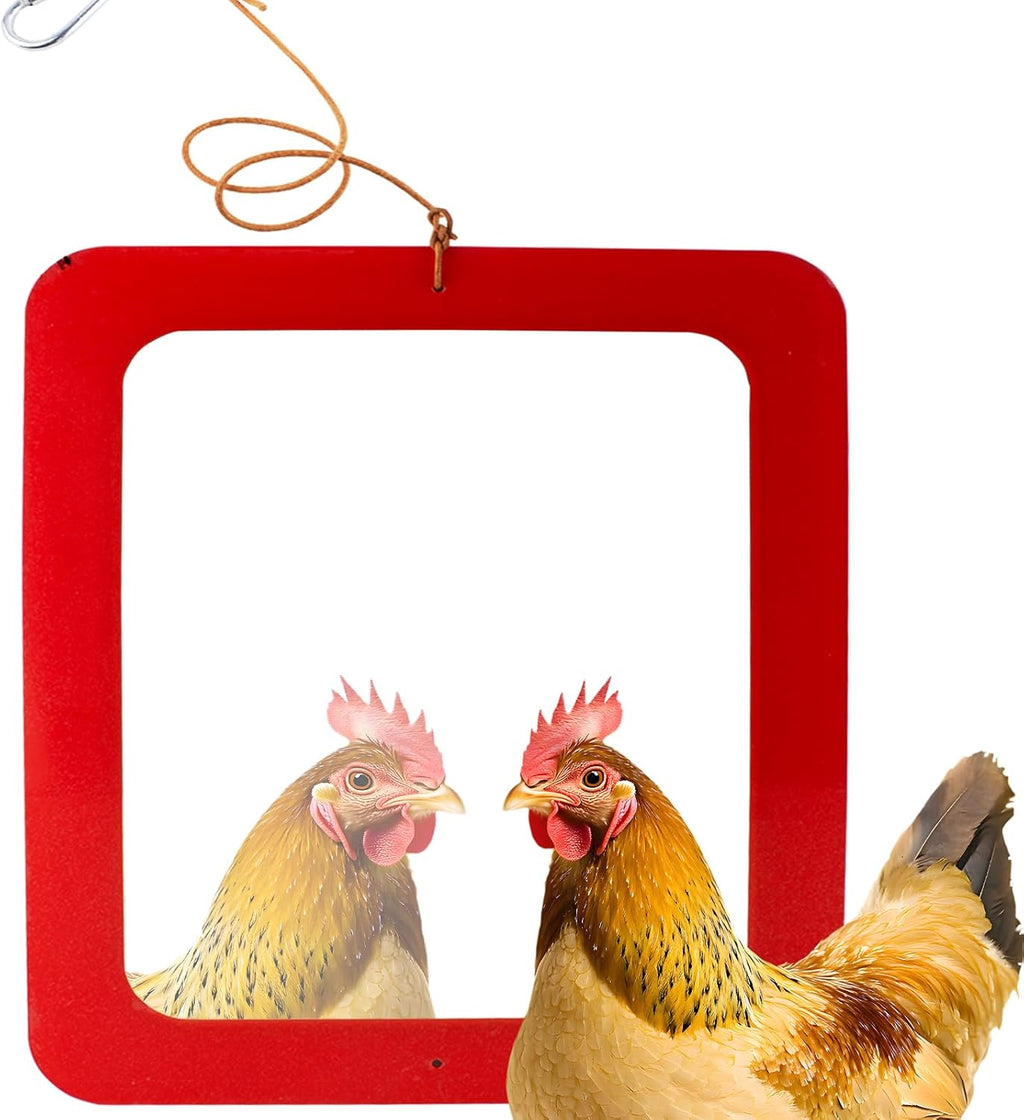 FlidRunest Extra-Large Size Chicken Mirror Toys for Coop, 11.8'' x 9.8'' Hanging Chicken Enrichment Swing Mirror Acrylic, Double-Sided Coop Accessories for Hens Birds Parrots Roosters Red