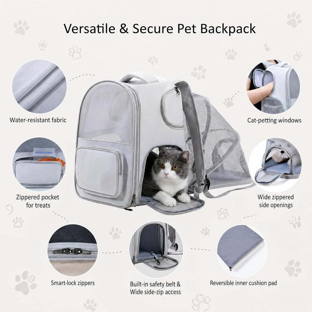 Expandable Cat Backpack Carrier with Interactive Side Petting Openings