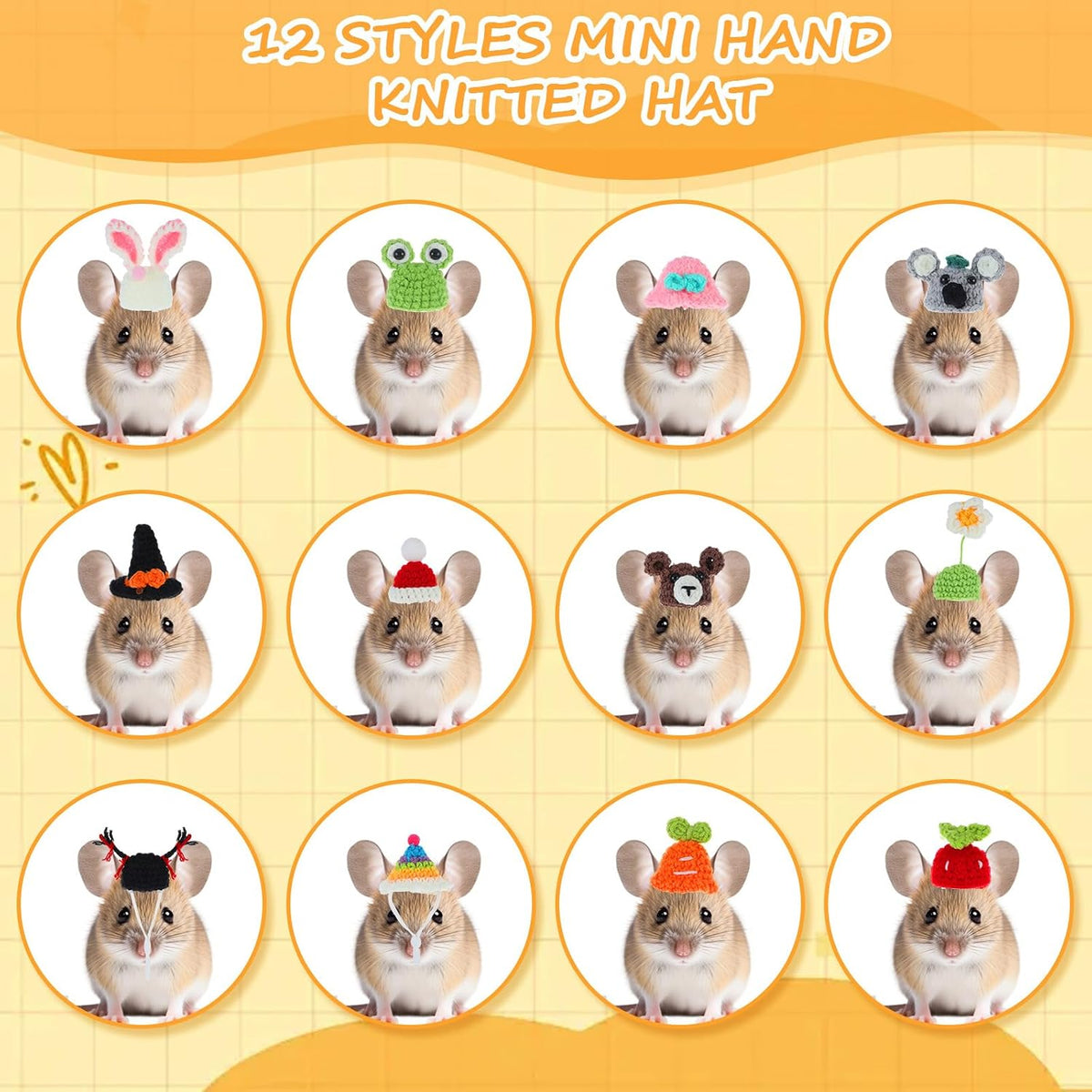 12Pcs Mini Knitted Hats for Hamster Small Animals with Adjustable Strap