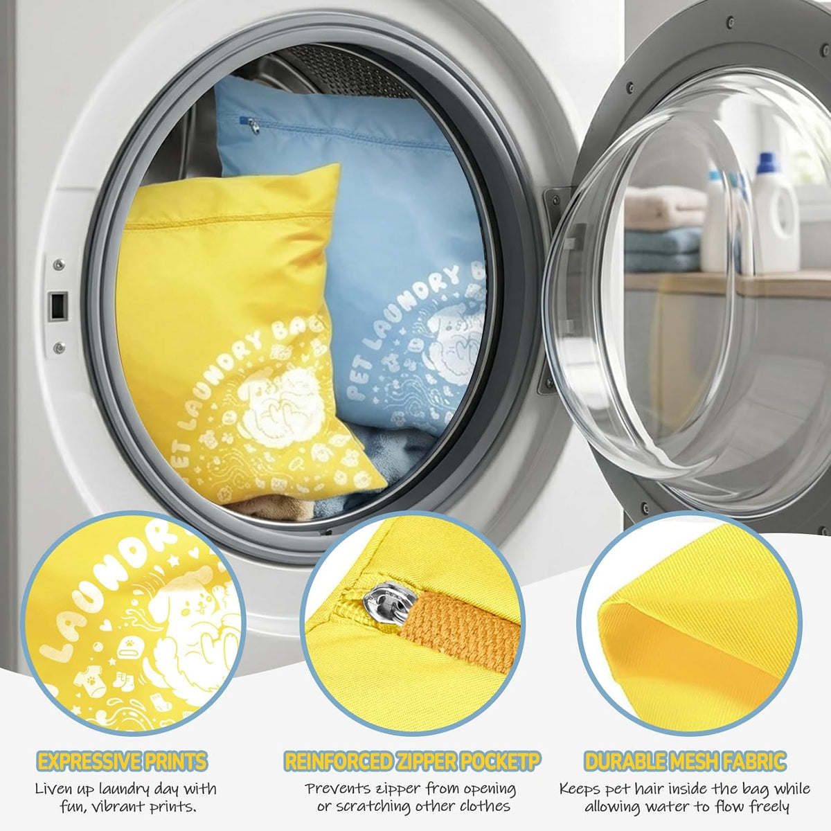 2PCS Pet Laundry Wash Bag for Washing Machine, 70x80cm Large Capacity Pet Laundry Bag for Dog Cat Horse Guinea Pig, Upgraded Tear-Resistant Fabric, Keep Laundry Free from Pet Hair, Blue & Yellow