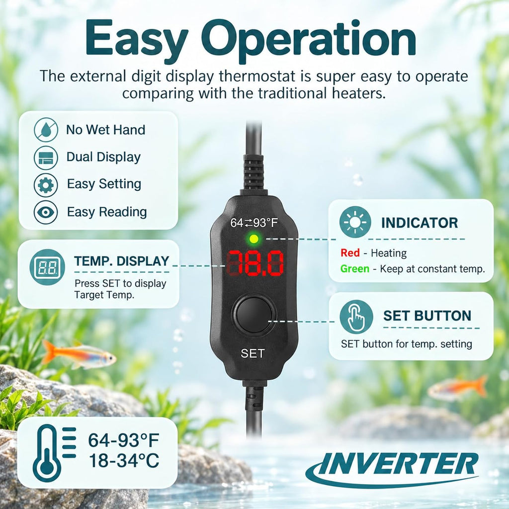 200W Aquarium Heater for 20-40 Gal Tanks with External LED Temp Controller