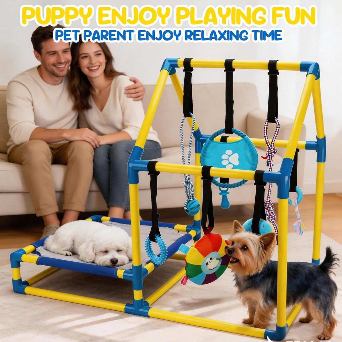 Puppy Play Gym Activity Center, Dog Indoor Jungle Gym with 8 Toys