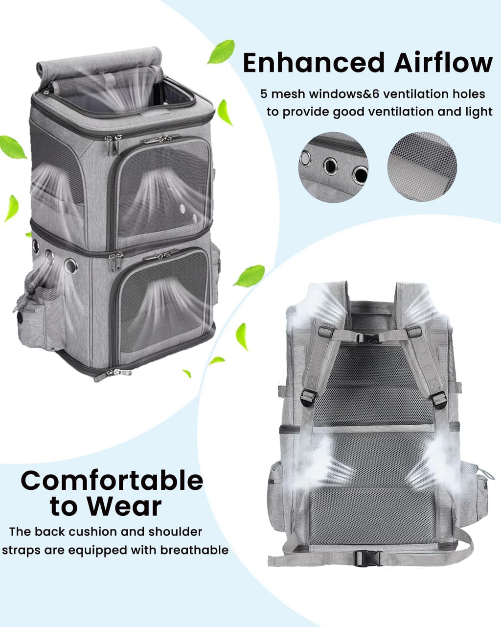 HOVONO Double-Compartment Cat Backpack Carrier for 2 Pets up to 18 lbs