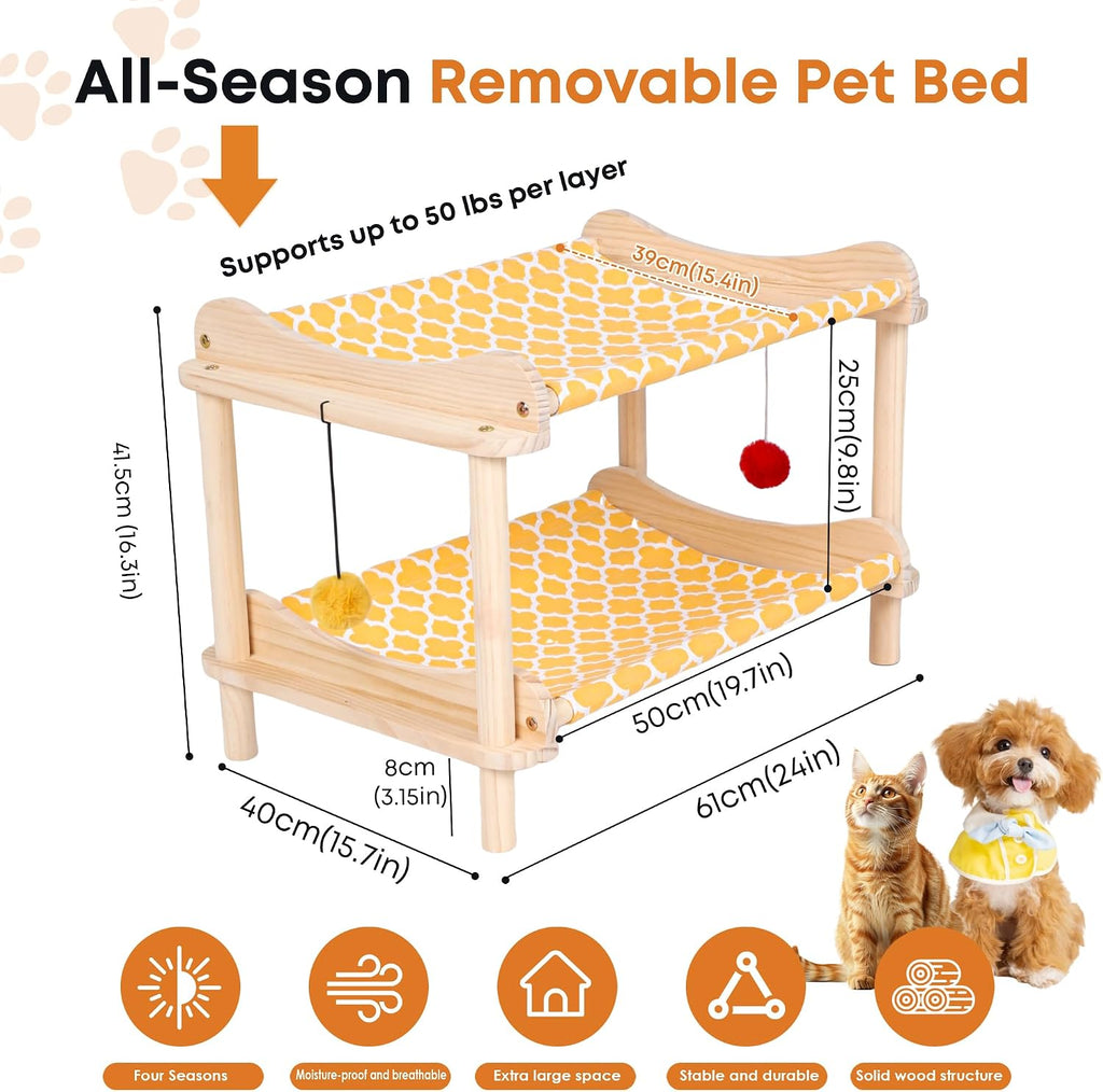 2-Layer Cat Hammock Bed, 24"x15.7"x16.3" Elevated Cat Bed with Pine Wood Frame, Breathable Washable Covers, Wooden Pet Furniture for Indoor Cats and Small Animals(Orange-2)