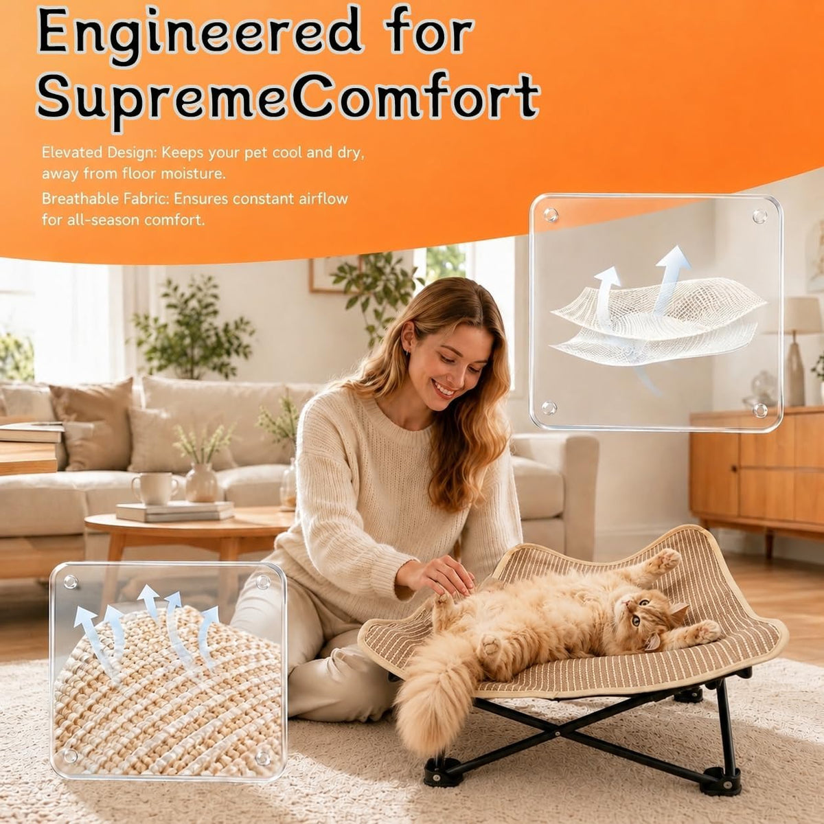 Foldable Cat Hammock Bed, Elevated Sisal Scratching Lounge with Metal Frame