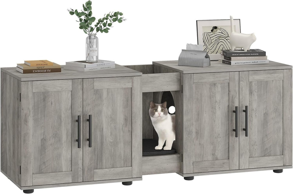 TrailBlaze Double Compartment Cat Litter Box Enclosure Cabinet for 2 Cats, Hidden Wooden Cat Washroom Furniture, Large Capacity Multi Purpose Side End Table & TV Stand for Living Room- Grey