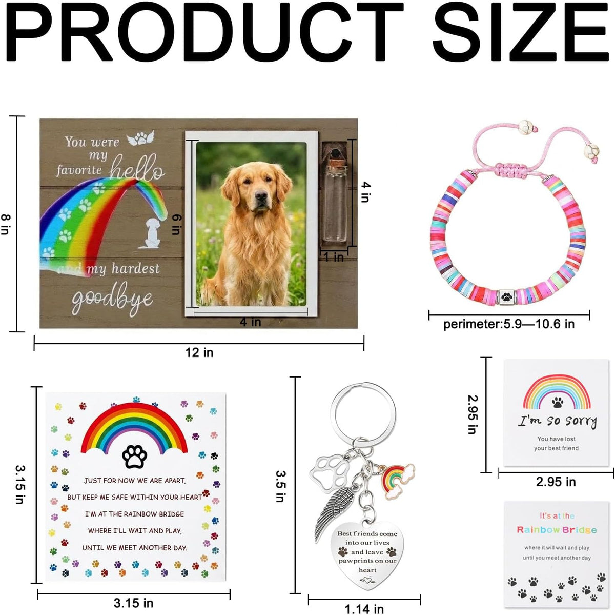 Rainbow Bridge Dog Memorial Gifts for Loss of Dog - Rainbow Bridge Pet Memorial Picture Frame Set with Fur Jar, Bracelet & Keychain - Sympathy Remembrance Keepsake for Pet Lovers