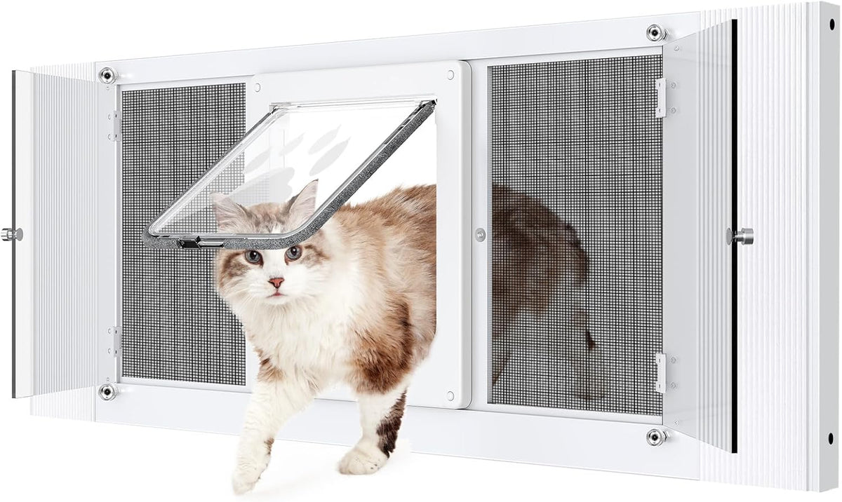 2-in-1 Cat Door for Window with Acrylic Panel, Rainproof & Ventilation Dual Modes, Adjustable Width of 28"-32" for Sliding Windows, Weather Resistant Window Cat Door Insert