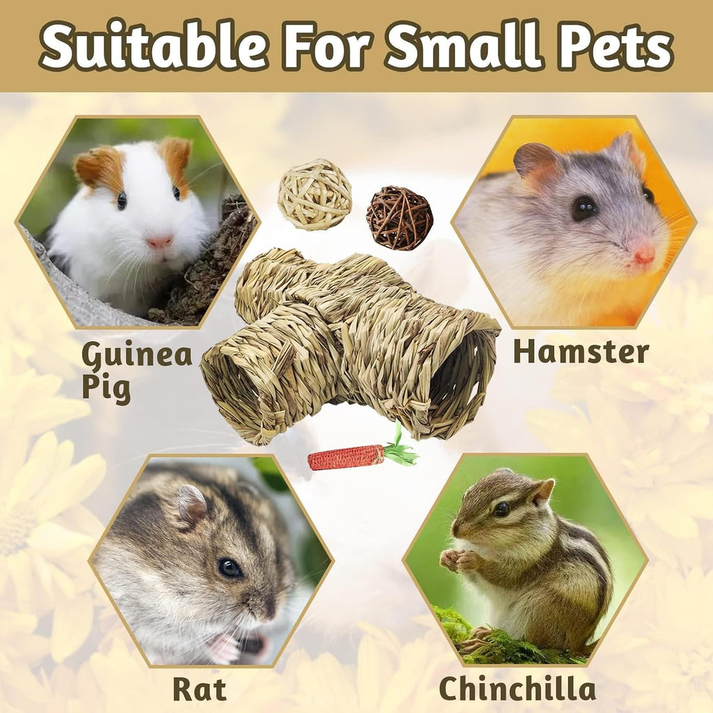PINVNBY Hamster Grass Tunnel Toy Nature's Hideaway Guinea Pig Tunnels and Tubes Straw Tunnel House with 4 Entrances for Chinchillas Hedgehogs Rats Gerbils (4 PCS)