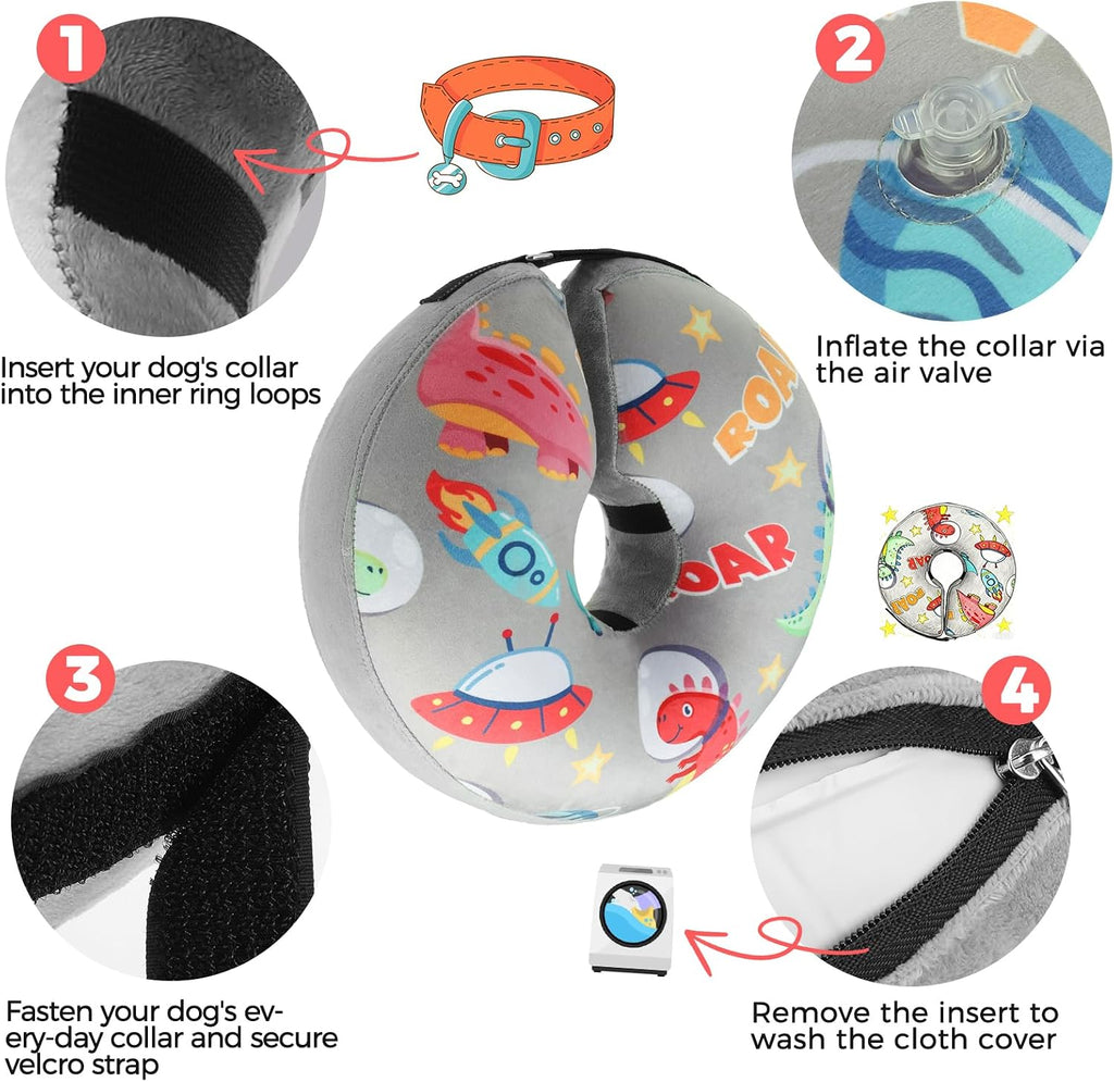 PAWCHIE Inflatable Dog Cone Collar Alternative, Soft Dog Cone for Medium to Large Dogs After Surgery, Adjustable Neck Recovery E-Collars Donut Collar with Cute Dinosaur Prints, Grey M