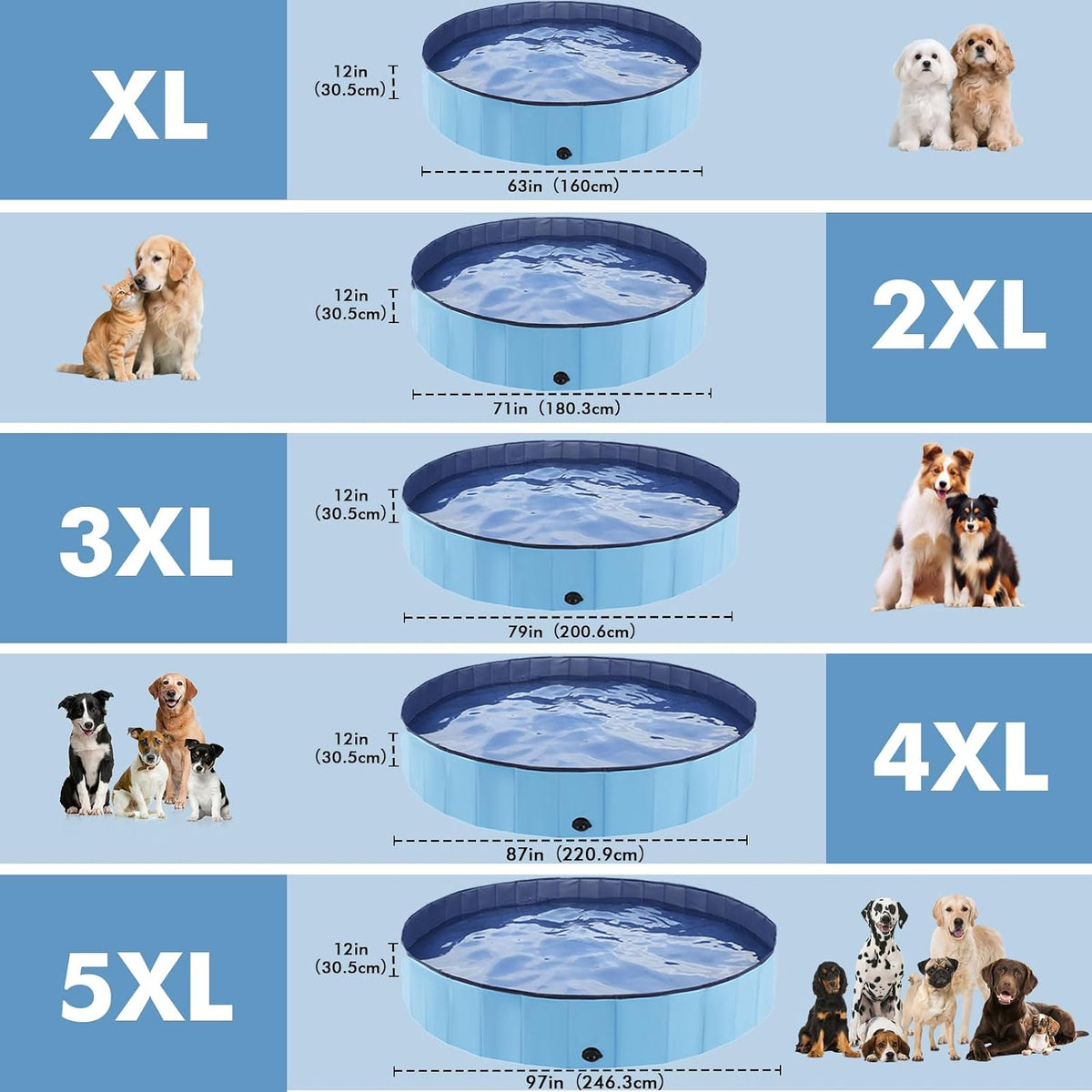 Eooqi Foldable Dog Pool for Large Dogs & Kids, 71" Hard-Side Collapsible Kiddie Pool, Heavy Duty Leakproof PVC Pet Swimming Pool with Non-Slip Bottom & Drain, Indoor Outdoor Use, Blue