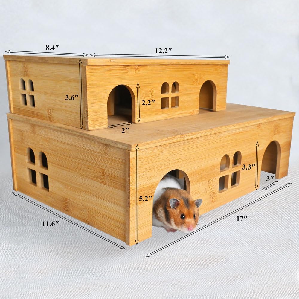 0.3" Thick Bamboo Hamster Maze, Pre-Assembled 6-Room Multi-Chamber House, Safe One-Piece Hideaway, No-Moving-Lid Wooden Habitat for Dwarf Hamster, Mouse, 12.2 x 8.4 x 3.6 in, Medium