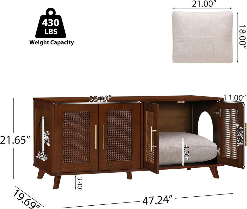 Christopher Knight Home Conmeo Cat Litter Box Enclosure with Plush Cushion, Rubber Wood Hidden Litter Box Cabinet with Breathable Rattan Mesh Doors, Indoor Pet House, Functional Sideboard, Walnut