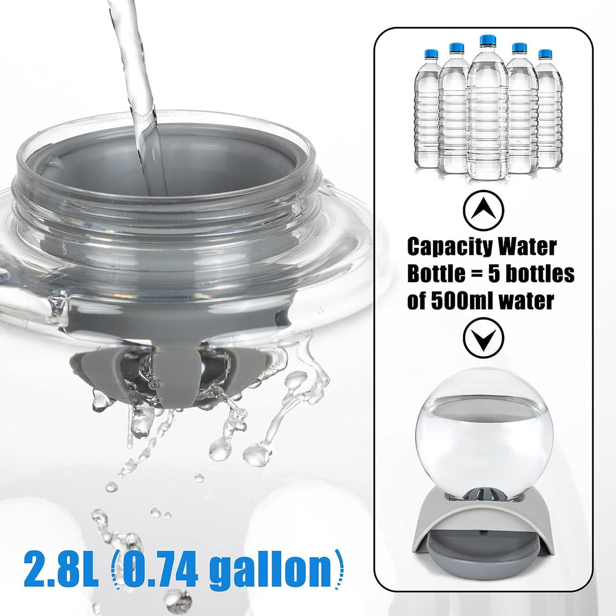 Pet Water Dispenser, 2.8L Automatic Gravity Cat Water Dispenser for Cats, Dogs & Rabbit, Detachable Cat Dog Water Dish Feeder with Spherical Waterer Bubble, Grey