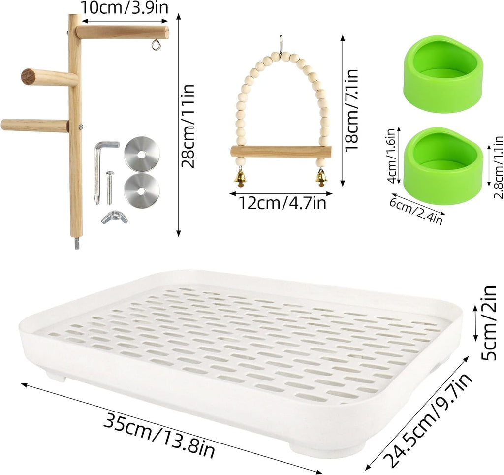 4 In 1 Bird Playground Stan with Large Tray, Food Bowl, Wooden Bird Play Stand and Swing, Play Gym & Accessories for Parrots Cockatiels Conures Parakeets Lovebirds