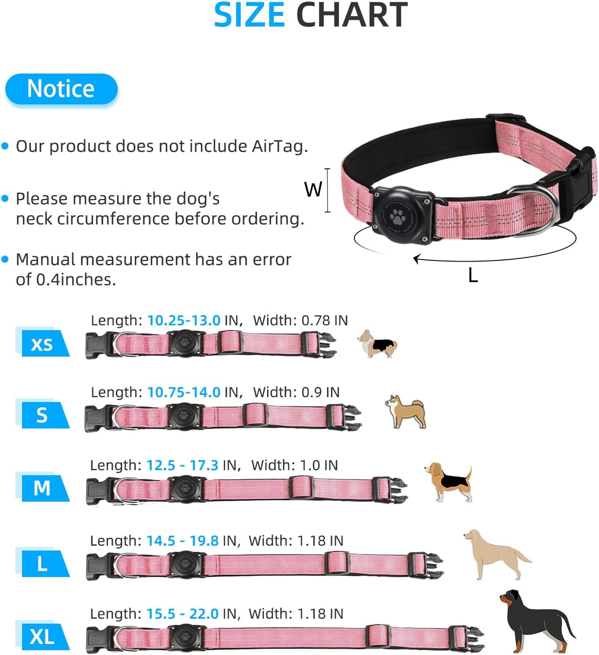 Upgrade Dog Collar with AirTag Holder, IP68 Waterproof, Pink, M