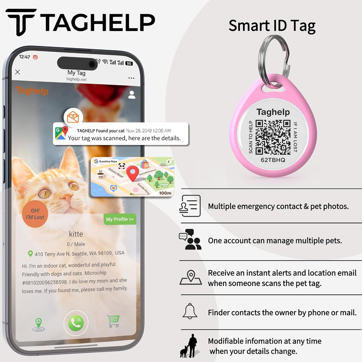 Pet ID Tag-3pcs QR Code Tag Small Personalized Name Plate with Online Profile,Cat Tag Scan QR Receive Instant Pet Location Alert Email,No Subscription or fees(Black & Blue & Pink)