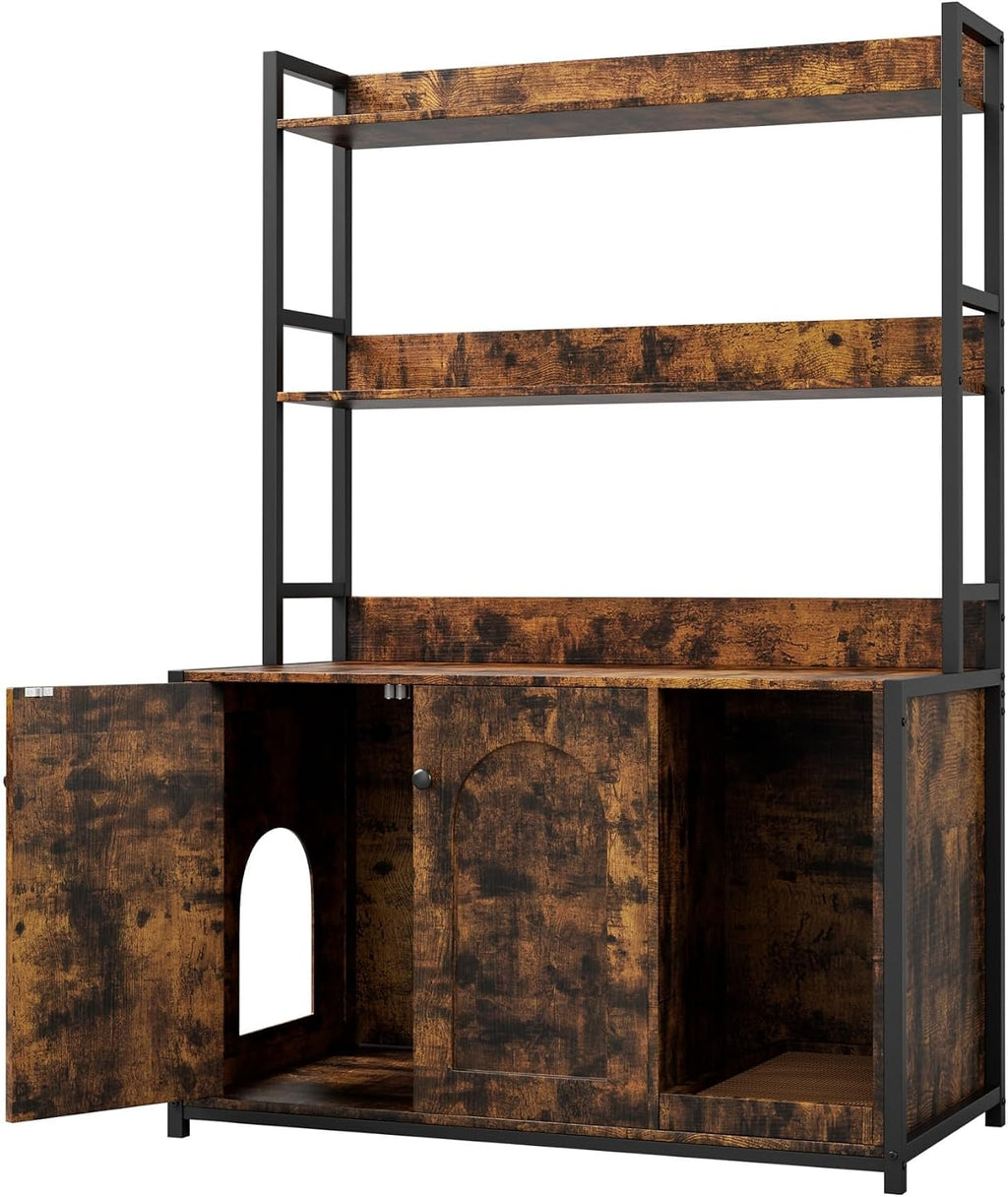 GarveeLife Cat Litter Box Enclosure with Storage Shelves | Hidden Cat Furniture Cabinet 52'' Large Hidden Cats Furniture for Most Litter Box, Wood Enclosed Dog Proof Cat Kitty Cabinet with Scra Brown