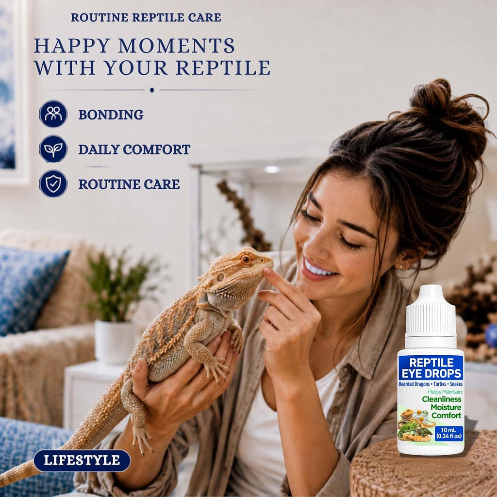 Reptile Eye Drops for Turtles, Bearded Dragons, Snakes & Lizards, Daily Eye Care Solution with Manuka Honey & Chamomile, Helps Clean Eye Area & Shedding Residue, Includes Cotton Swabs, 10 mL