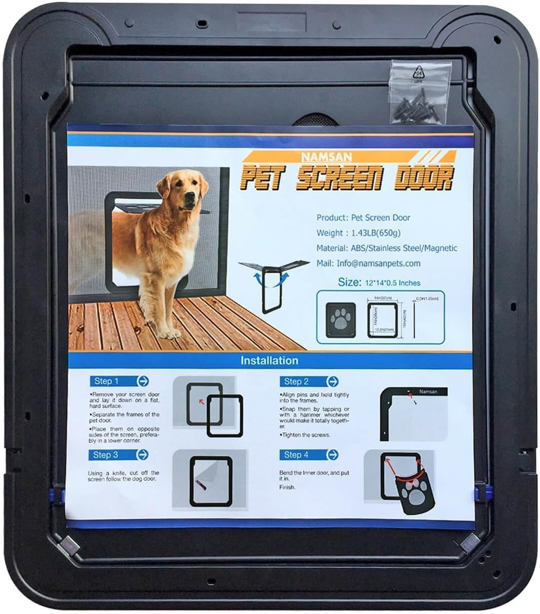 Namsan Dog Door for Screen Door, Passage 12 x 14 inches, Doggy Door for Sliding Door, Pet Screen Window, Magnetic Flap Auto Closing, Screen Door with Doggie Door Built in, Lockable, Black