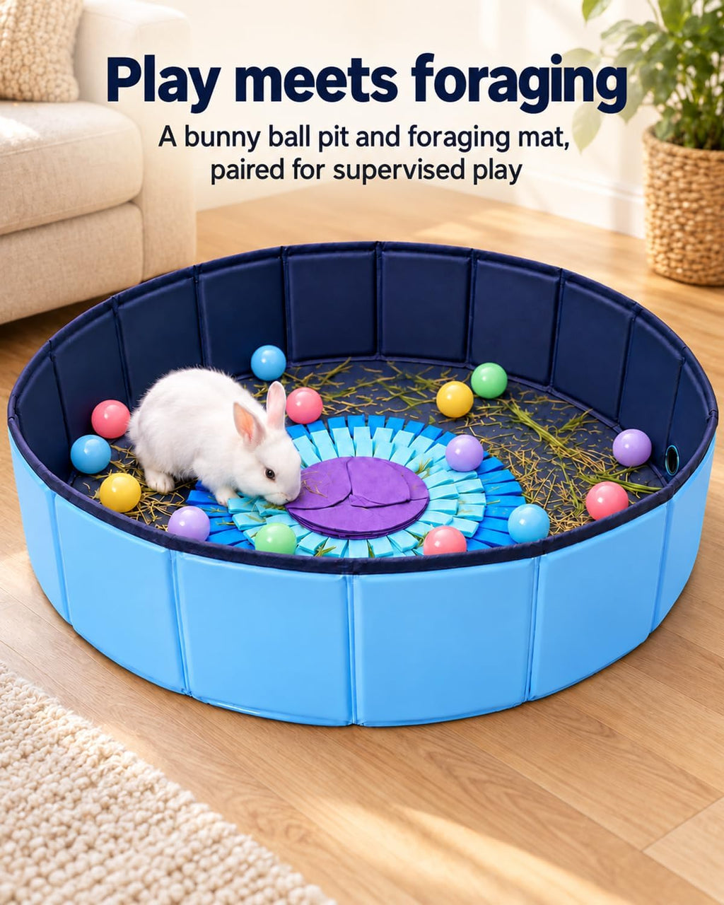 Bunny Ball Pit with Rabbit Foraging Mat Set, 23.6-Inch Round Small Animal Playpen with 18.9-Inch Snuffle Feeding Mat for Rabbits, Guinea Pigs and Chinchillas
