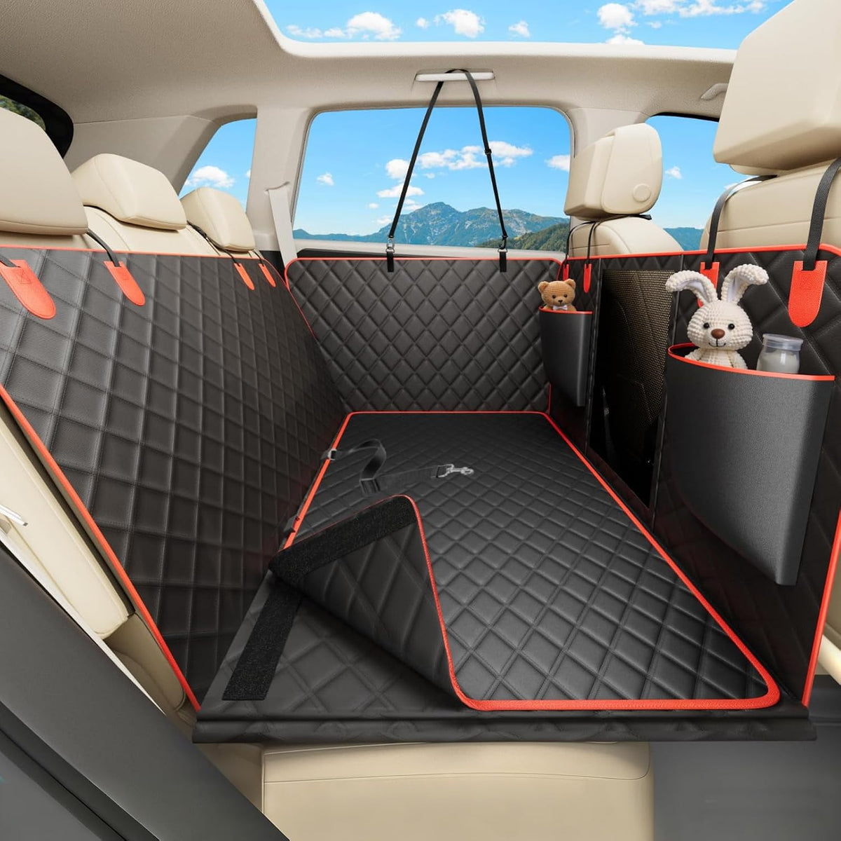 Bark Lover Dog Car Seat Cover for Back Seat – Heavy Duty Back Seat Extender for Dogs with Hard Bottom, 7-Layer Protection, Non-Slip & Scratchproof, Easy to Install (Red)