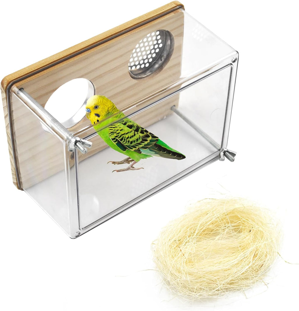 Bird Nesting Box for Window,Transparent Parakeet Nest Breeding Box Parrot Breeding Mating Box Bird Nest Box House Cage Accessories with Wood Perch for Parakeet Budgie Conure Parrot