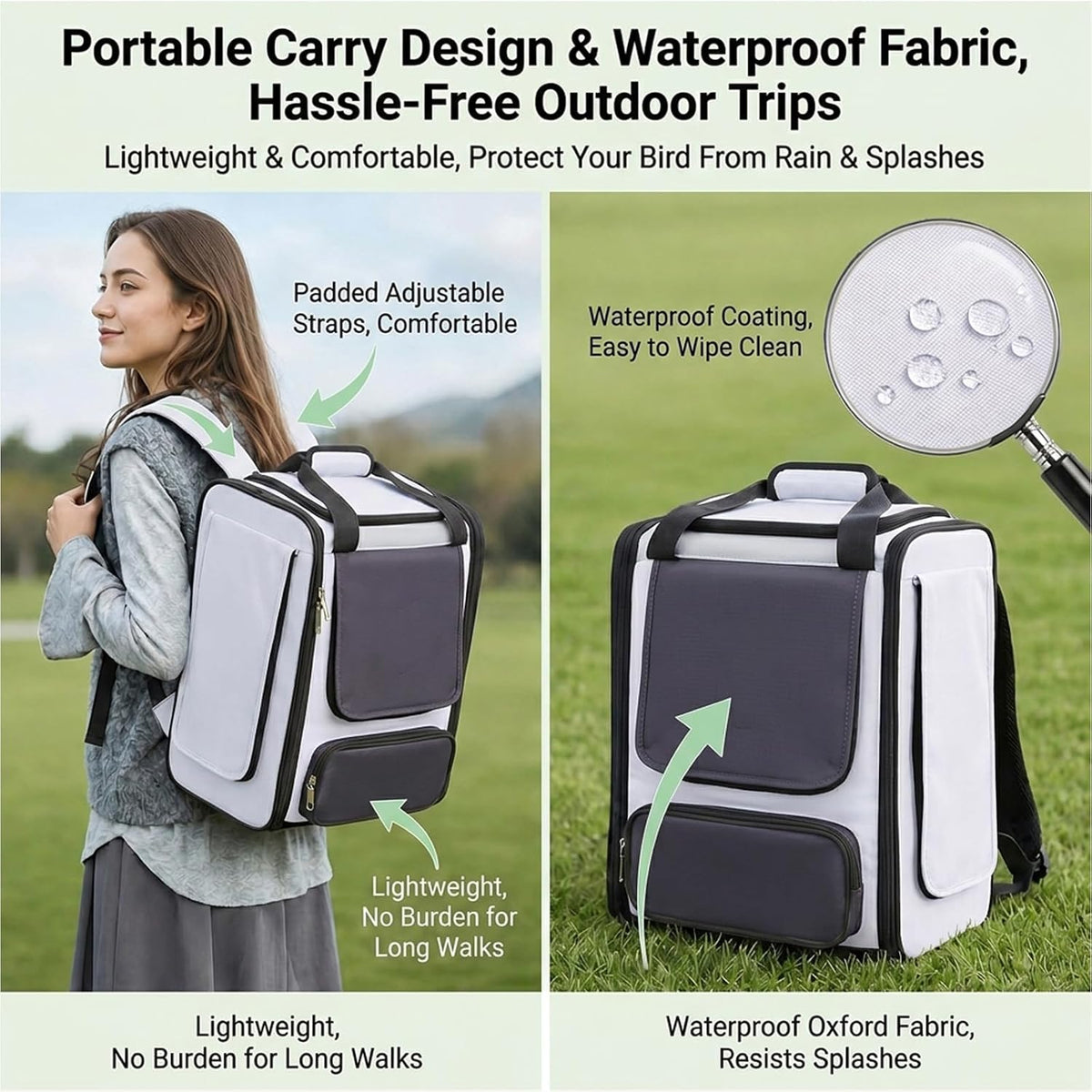 Bird Carrier Backpack, Breathable 3-Side Metal Mesh Bird Cage with Skylight, Large Opening Portable Travel Pet Cage for Parrot, Parakeet, Wildbird,Gray,Luxury