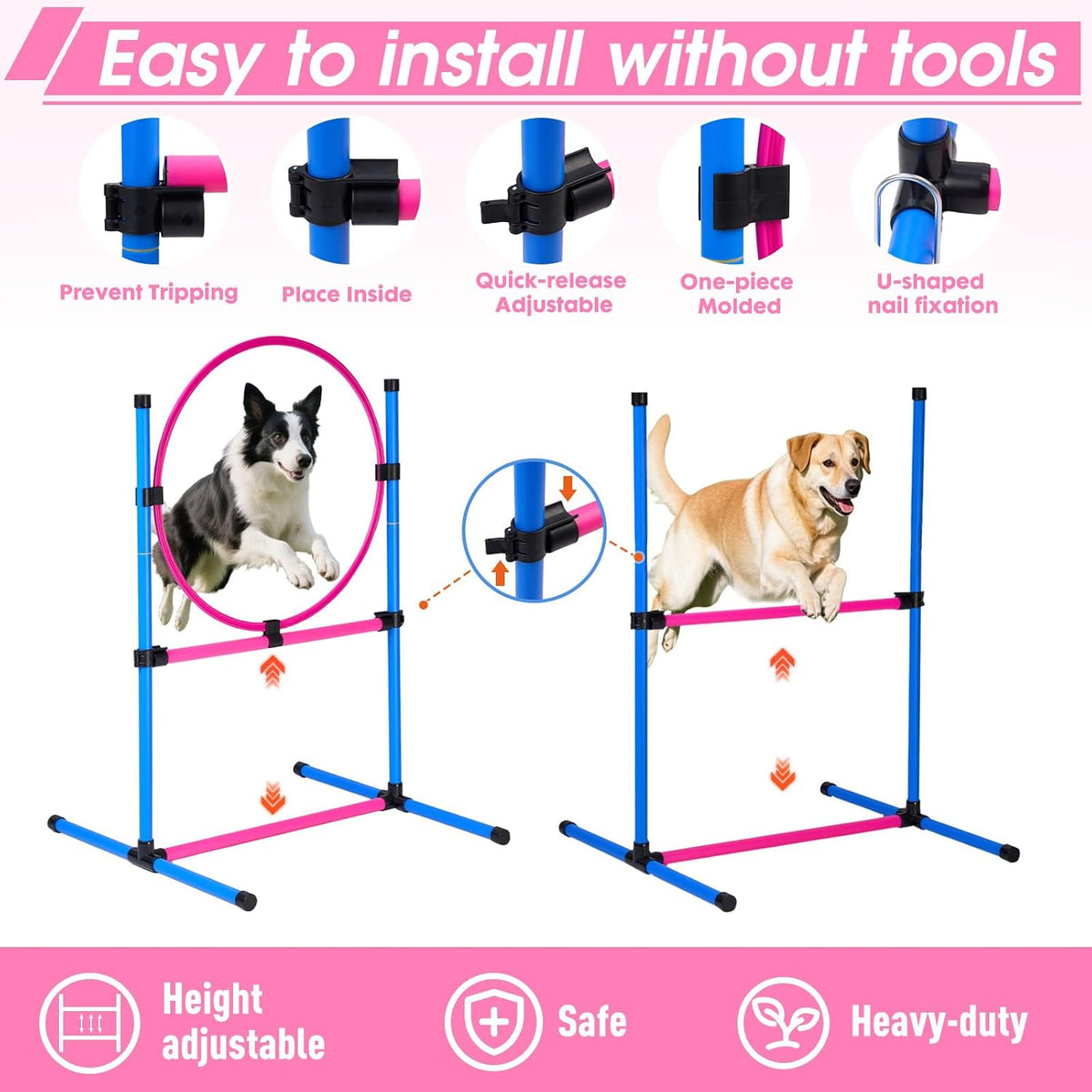 Dog Agility Course Backyard Set, Dog Agility Equipment, Pet obstacle Course Backyard with 6 Dual Mode Weave Poles, 2 Adjustable Hurdle, Jump Ring, Tunnel, Pause Box, Toy Balls and 2 Carrying Bags,Pink