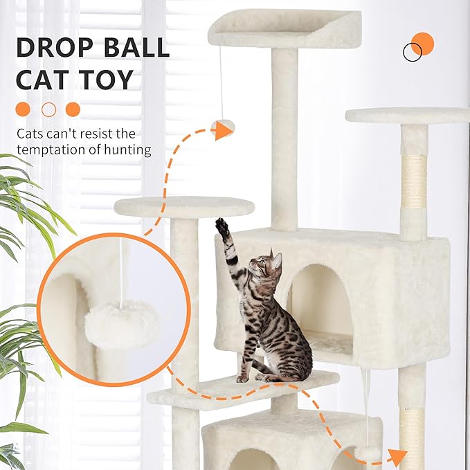 BestPet | 62" Cat Tree Tower | Beige | Sturdy, Hanging Cat Toys, Observation - Image 3