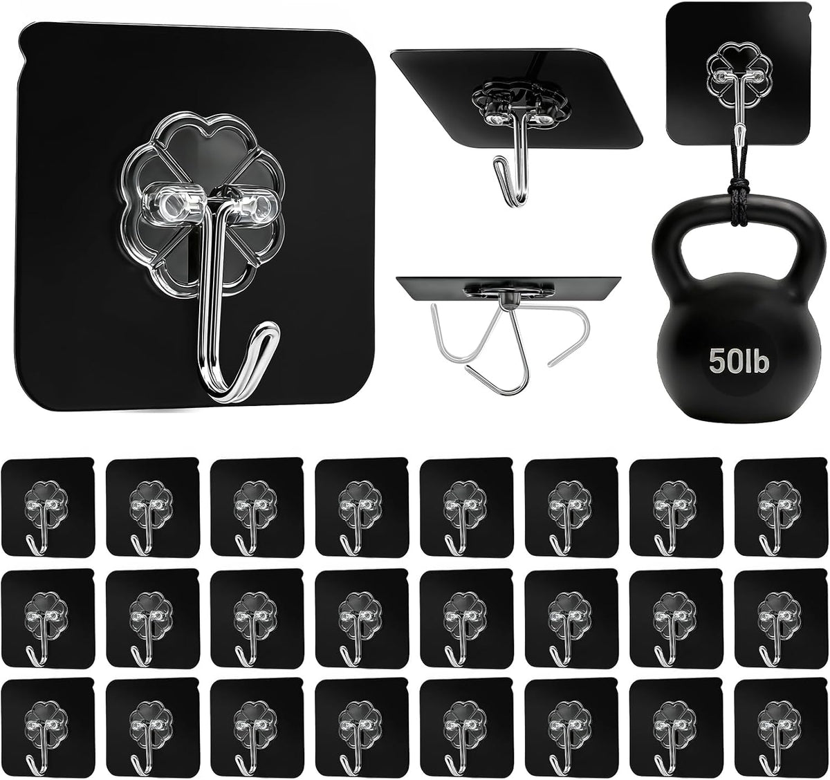 DDMY Black Adhesive Wall Hook for Hanging Heavy Duty Sticky Hooks 24 Pack