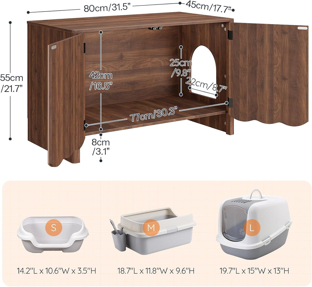 HOOBRO Cat Litter Box Enclosure, 31.5" Hidden Litter Box Furniture with Wavy Panels & Side Entry, Push-to-Open Doors, Litter Box Cabinet, Living Room End Side Table, Walnut WL27MW01