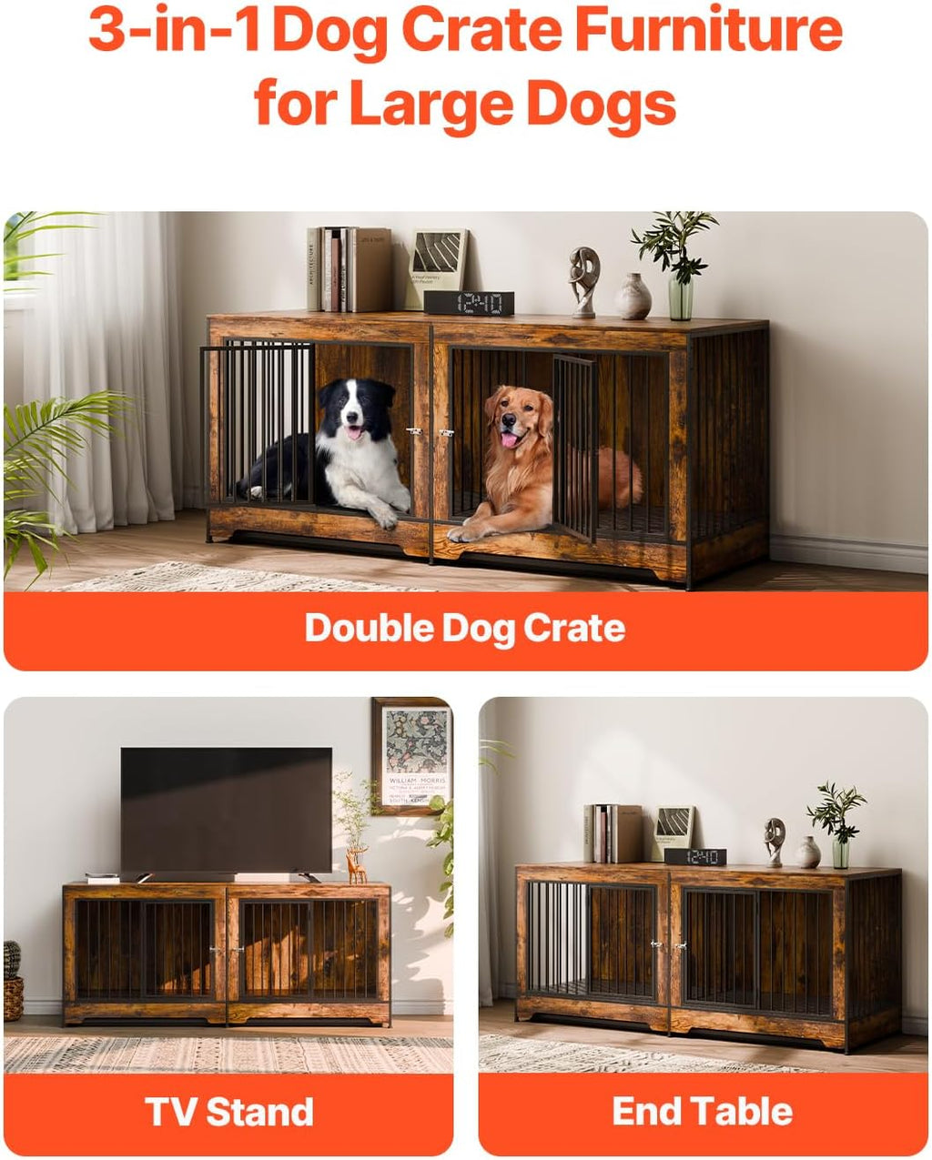 VEVOR 75 inch Dog Crate Furniture for 2 Dogs, Divider, Double Doors, Brown