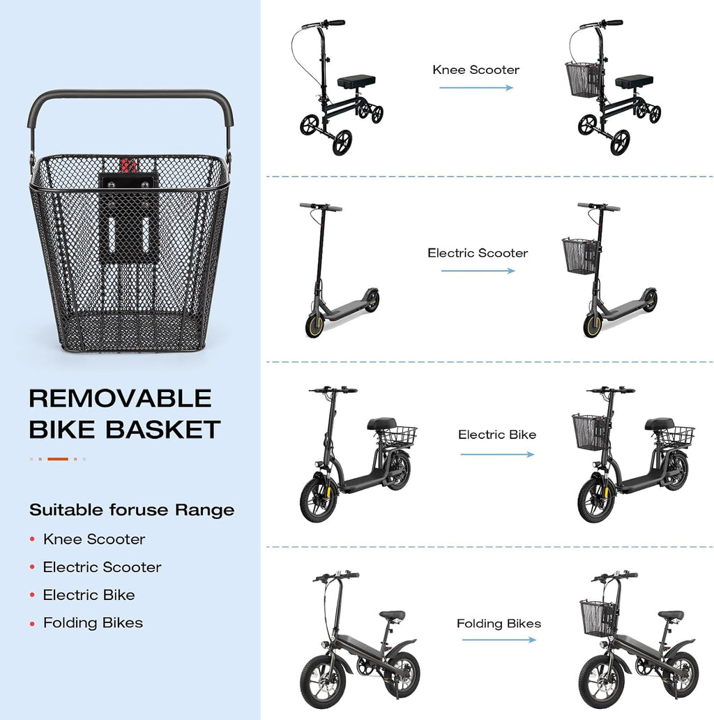 CXWXC E-Scooter Front Basket with Handle, Quick-Release Handlebar Bracket Detachable Scooter Basket for E-Scooters, Folding & Kick Scooters